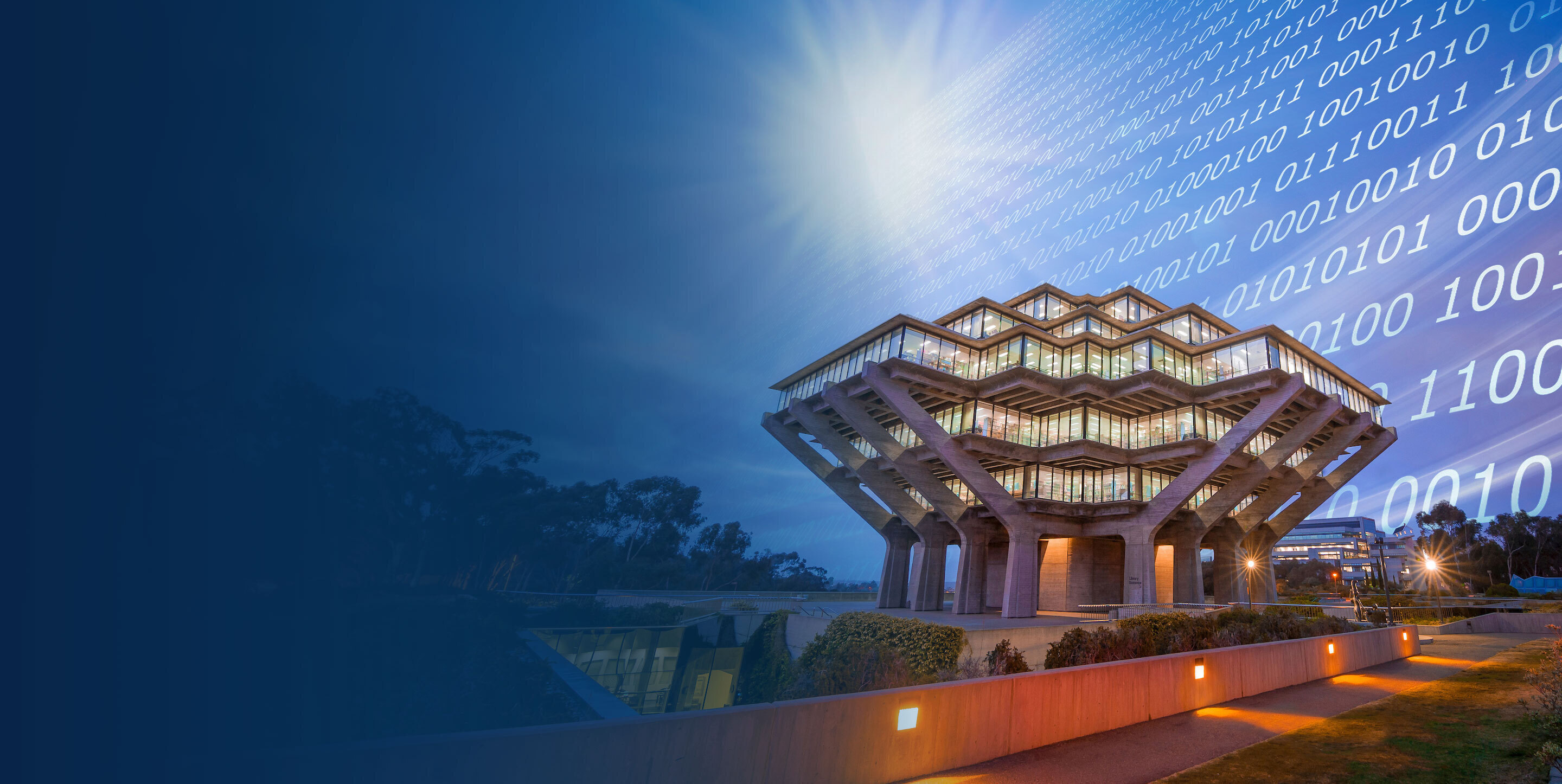 Geisel Library with binary code overlay