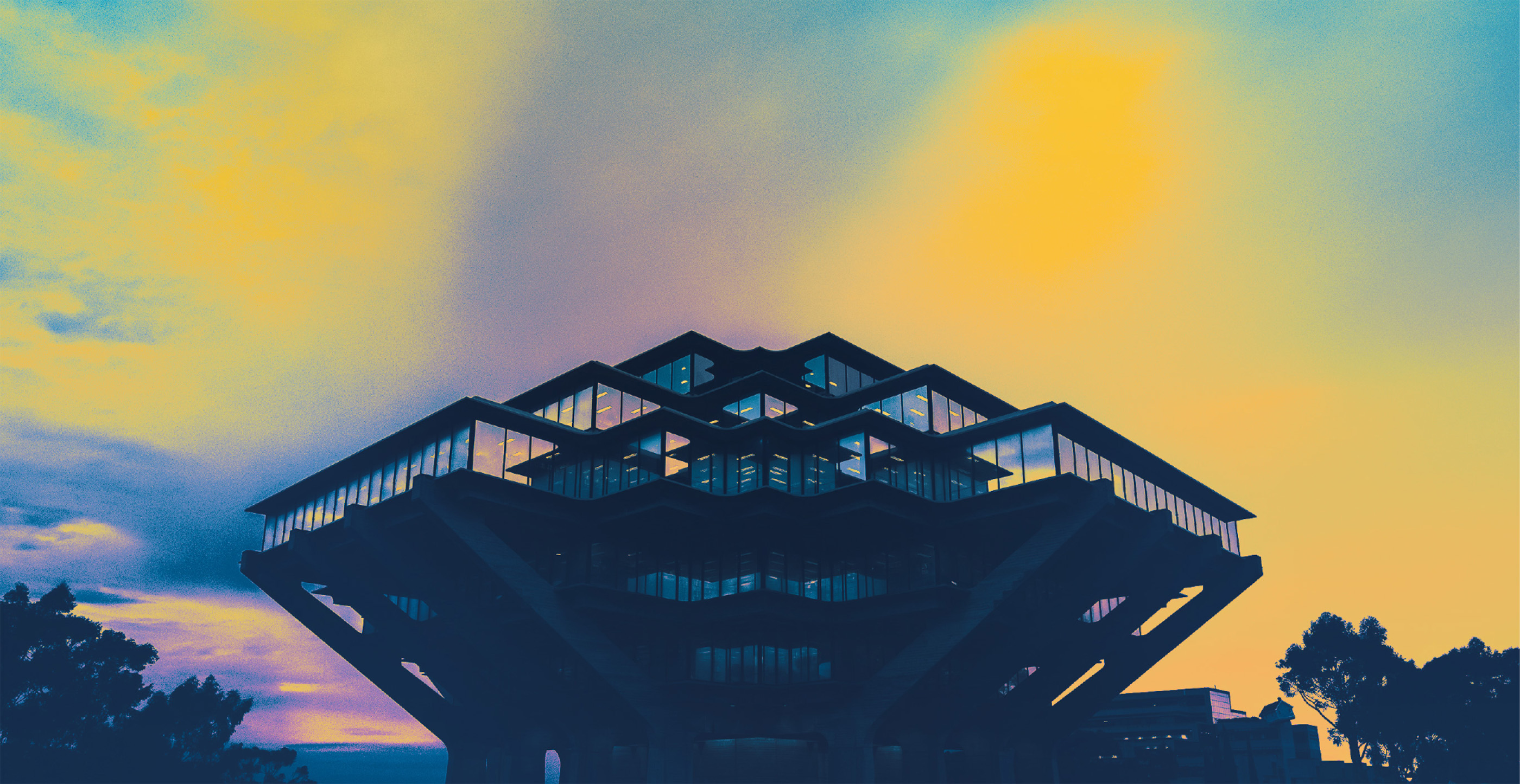 Graphic depiction of Geisel Library in yellow, blue and purple