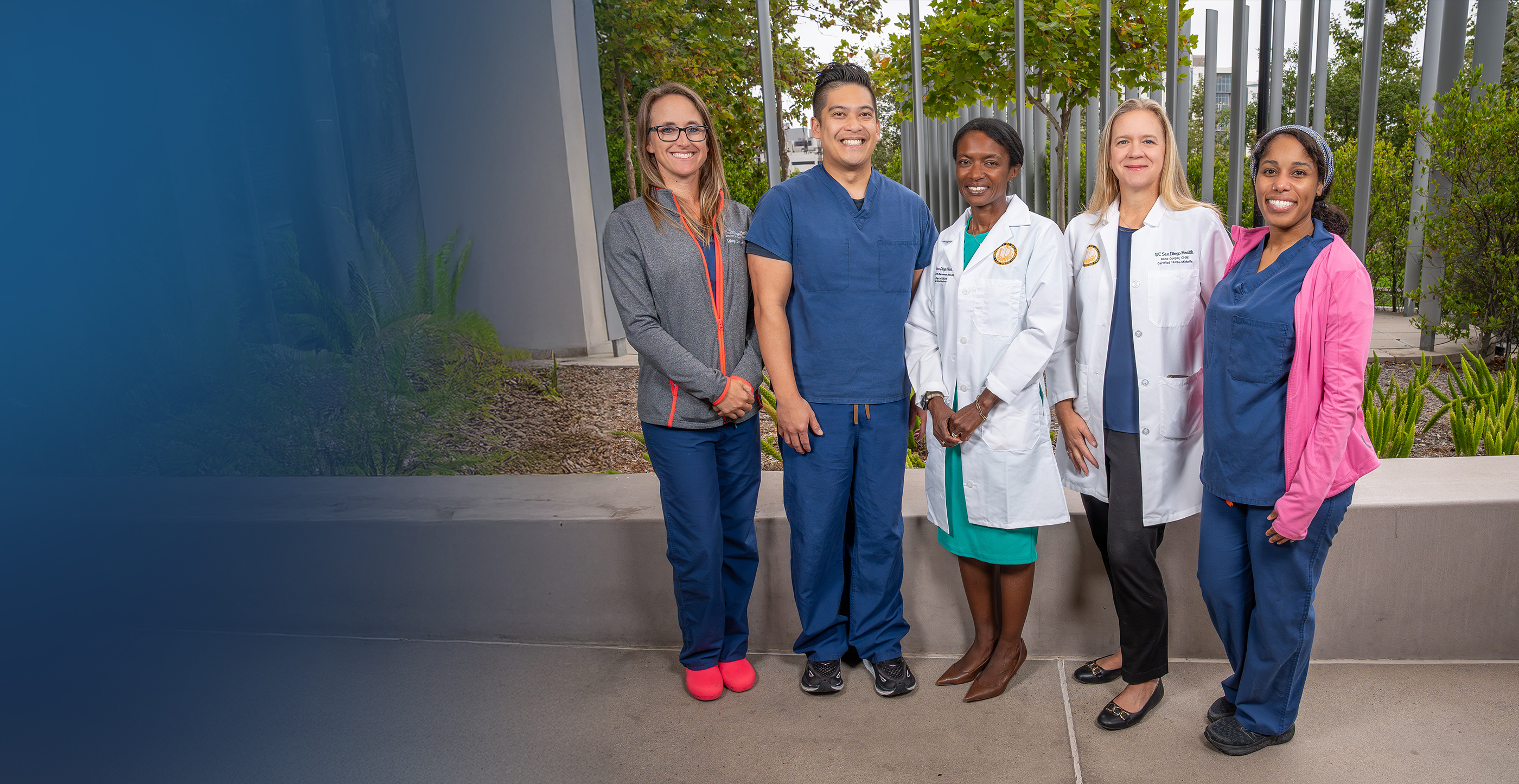 Group of clinicians in scrubs and lab coats